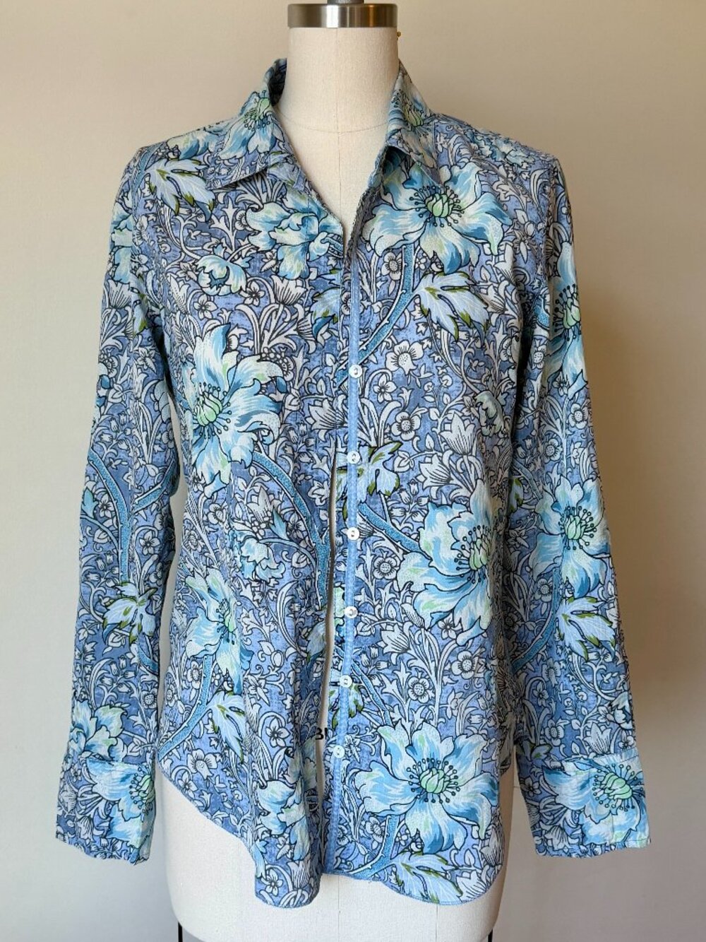 CINO Blue Floral Button Up Shirt | Floral Print Cotton Blouse | XS Relaxed Fit